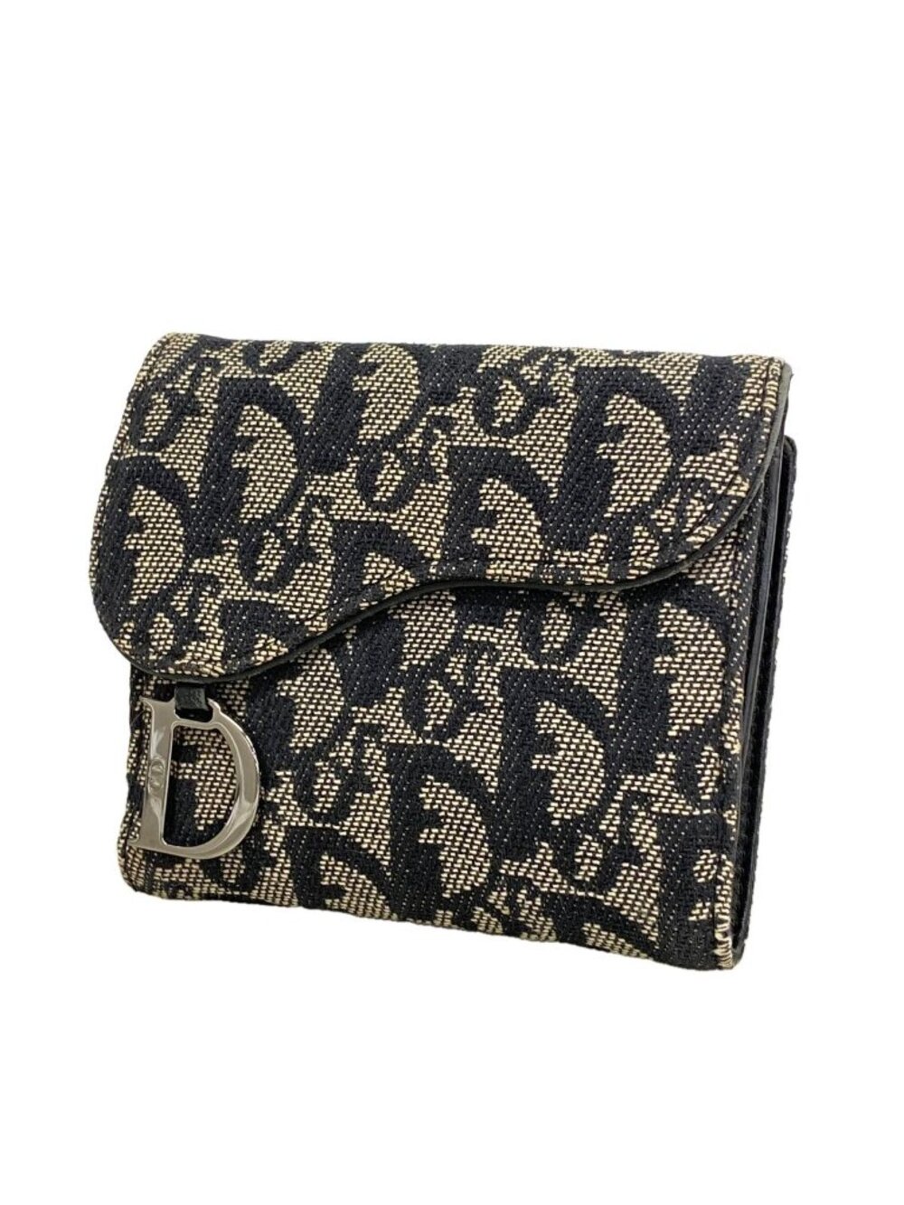 Dior Trifold Wallet Saddle Canvas Black Beige Silver